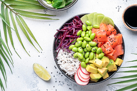Poke bowl with salted salmon, avocado, radish, edamame beans, ca, a Food & Drink Photo by 5PH