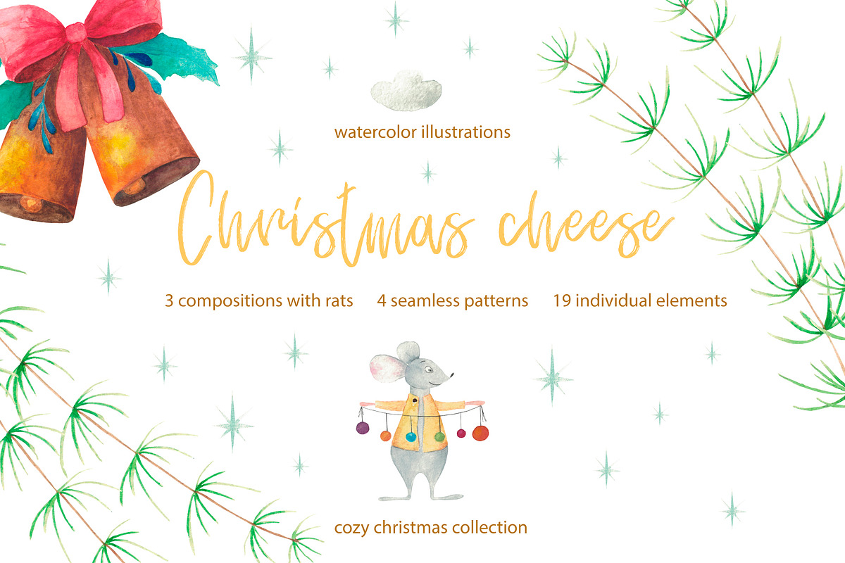 Christmas cheese. Watercolor set, an Animal Illustration by SaharaArt (Photo 1 of 5)