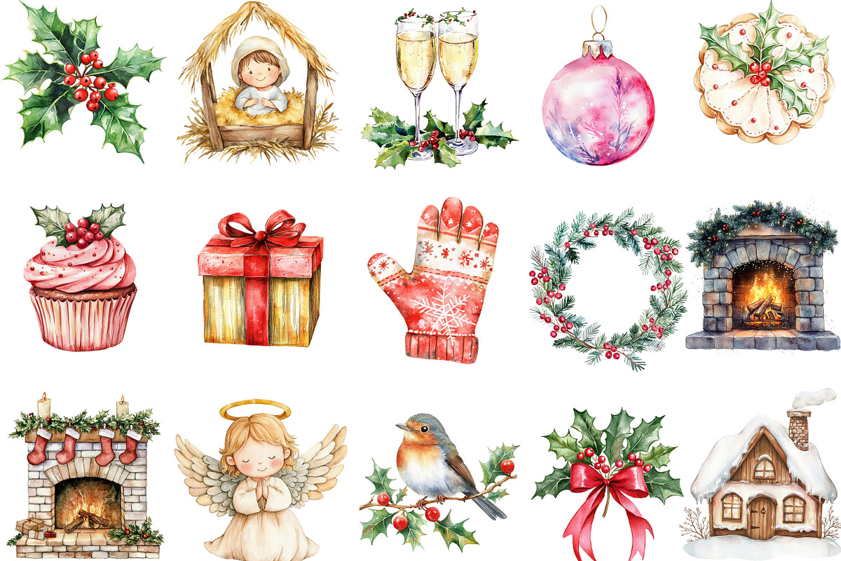 Cute Holly Christmas Clipart Bundle, an Illustration by Designking (Photo 2 of 5)