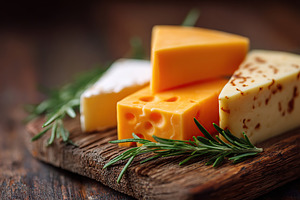 Various types of cheese including brie arranged on a wooden board with fresh he, a Food & Drink Photo by AlyaAnd