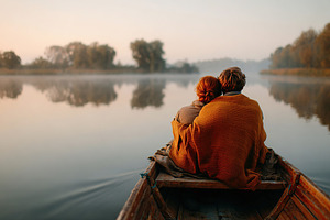 Couple enjoying a peaceful boat ride on a misty lake at sunrise, a Photo by AlyaAnd