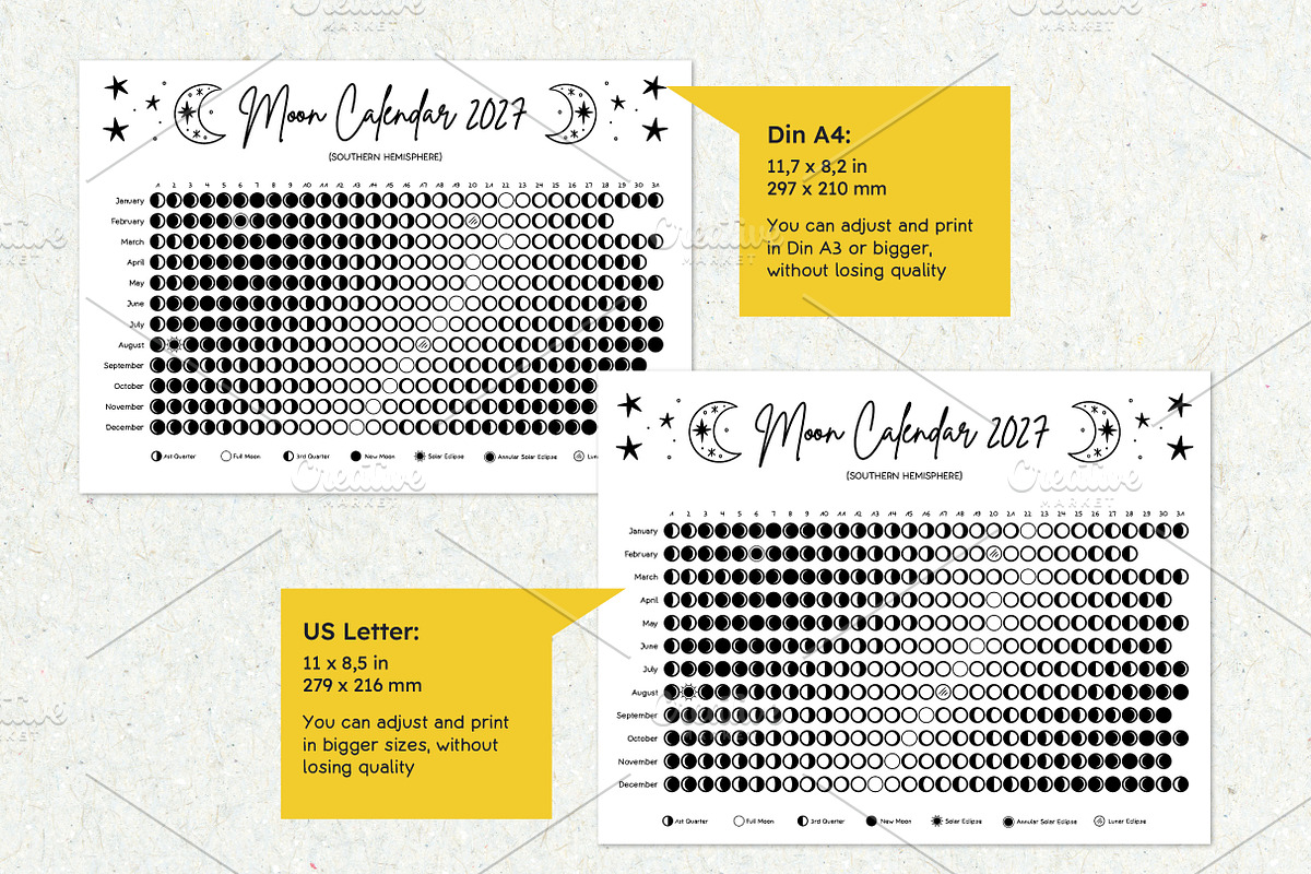 2027 Moon Calendar B&W Southern, a Poster Template by insemar (Photo 2 of 5)