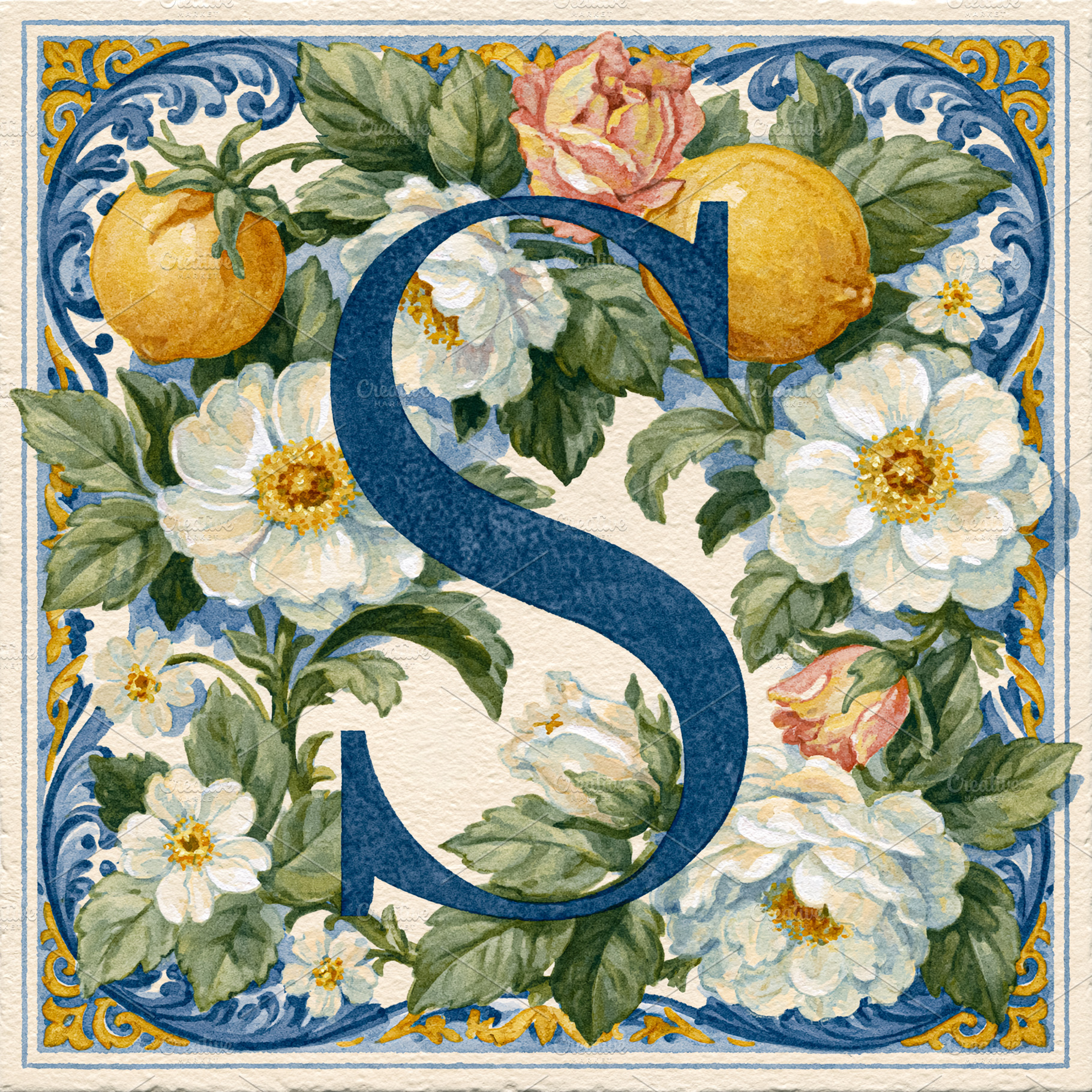 Decorative letter S surrounded by white roses, pink buds, green, a Photo by Studio ANNA
