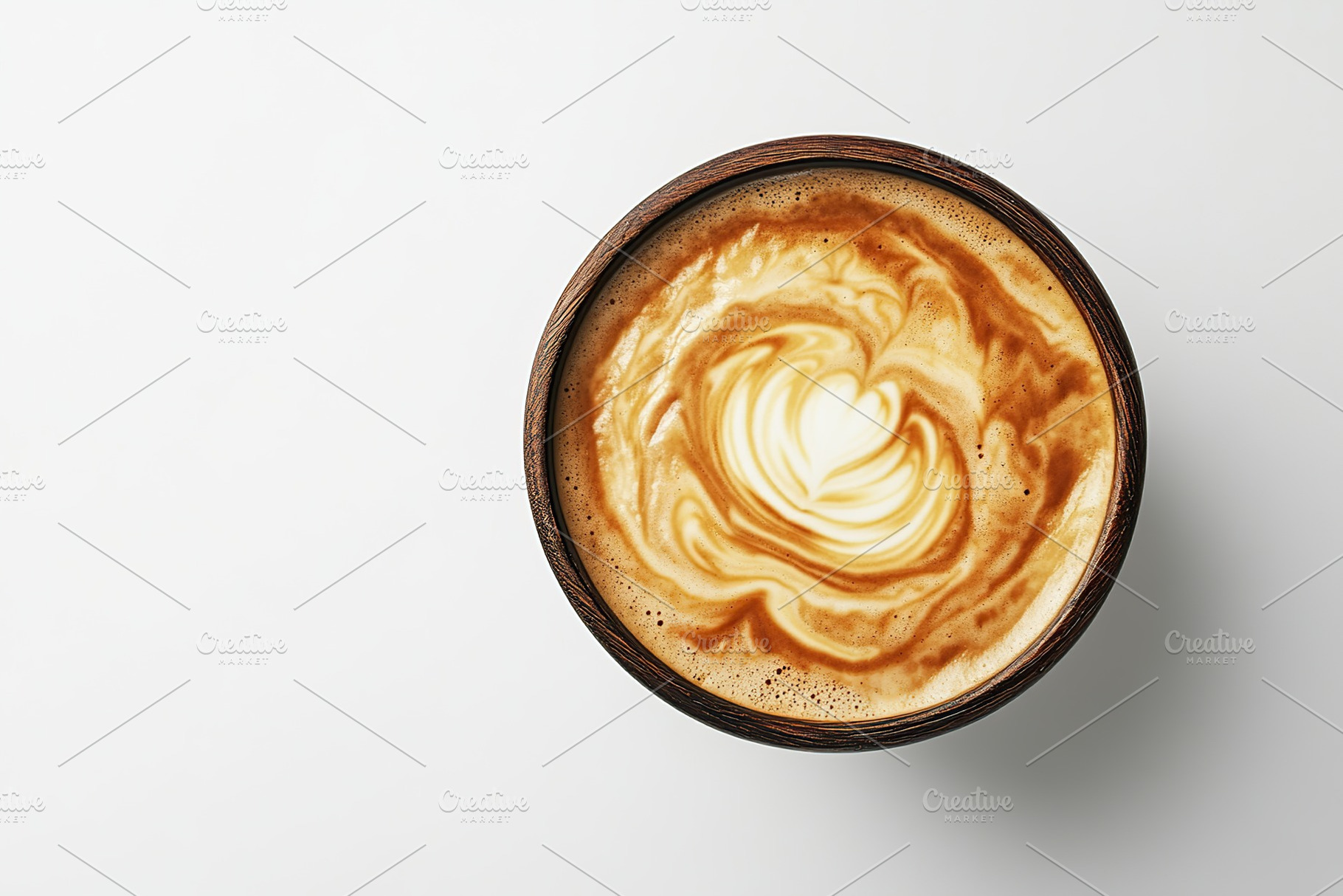 Cup of cappuccino with drawn heart on white background, flat lay, a Food & Drink Photo by AlyaAnd