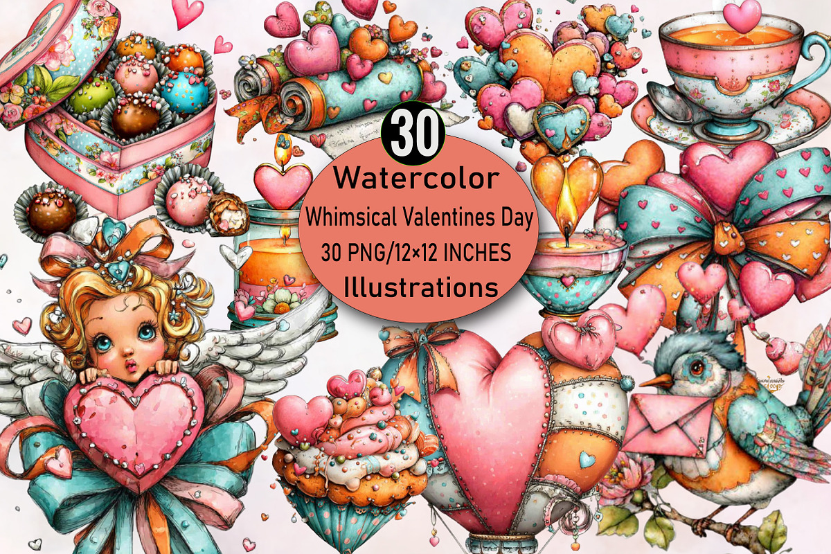 Whimsical Valentines Day Clipart Bu, an Illustration by SVGArt (Photo 1 of 8)