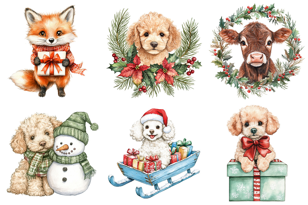 Christmas Poodle Watercolor Clipart, a Seasonal Illustration by CitraGraphics (Photo 5 of 5)