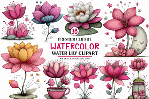 Watercolor Water Lily Clipart, an Illustration by cherrydesign