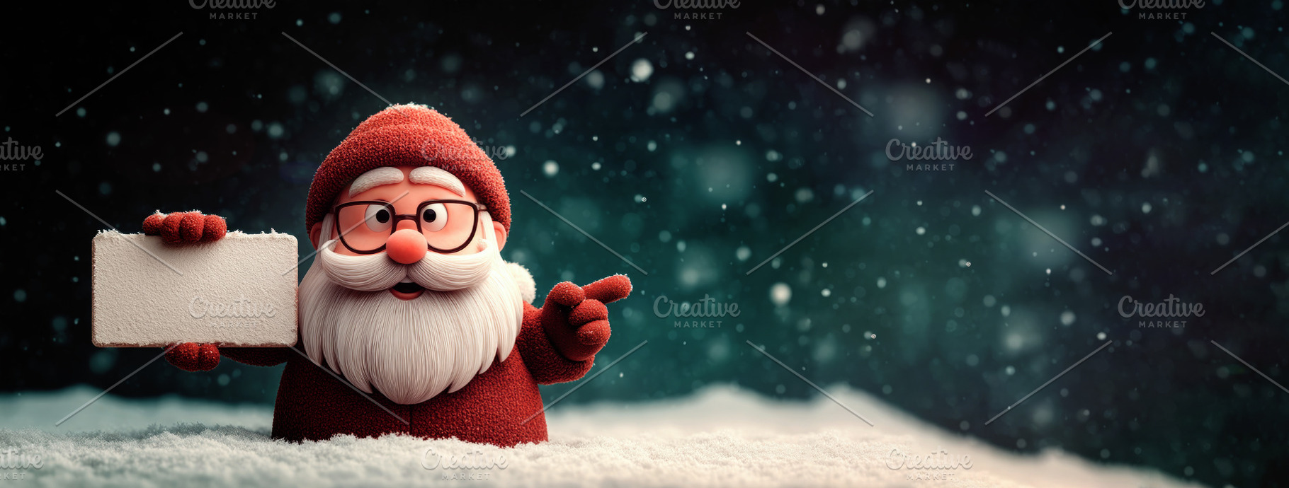 Cute Santa Claus with glasses holding blank sign and pointing in, a Holiday Photo by José Manuel Gelpi