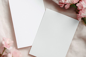 Blank vertical paper cards mockup on a soft pink fabric background with delicat, a Holiday Photo by Studio ANNA