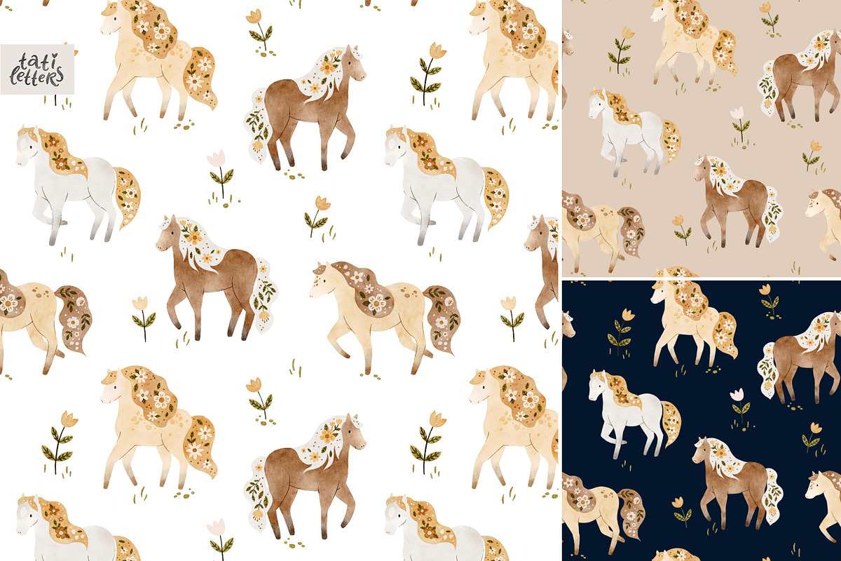 Floral horse clipart & patterns, an Animal Illustration by tatiletters (Photo 5 of 9)