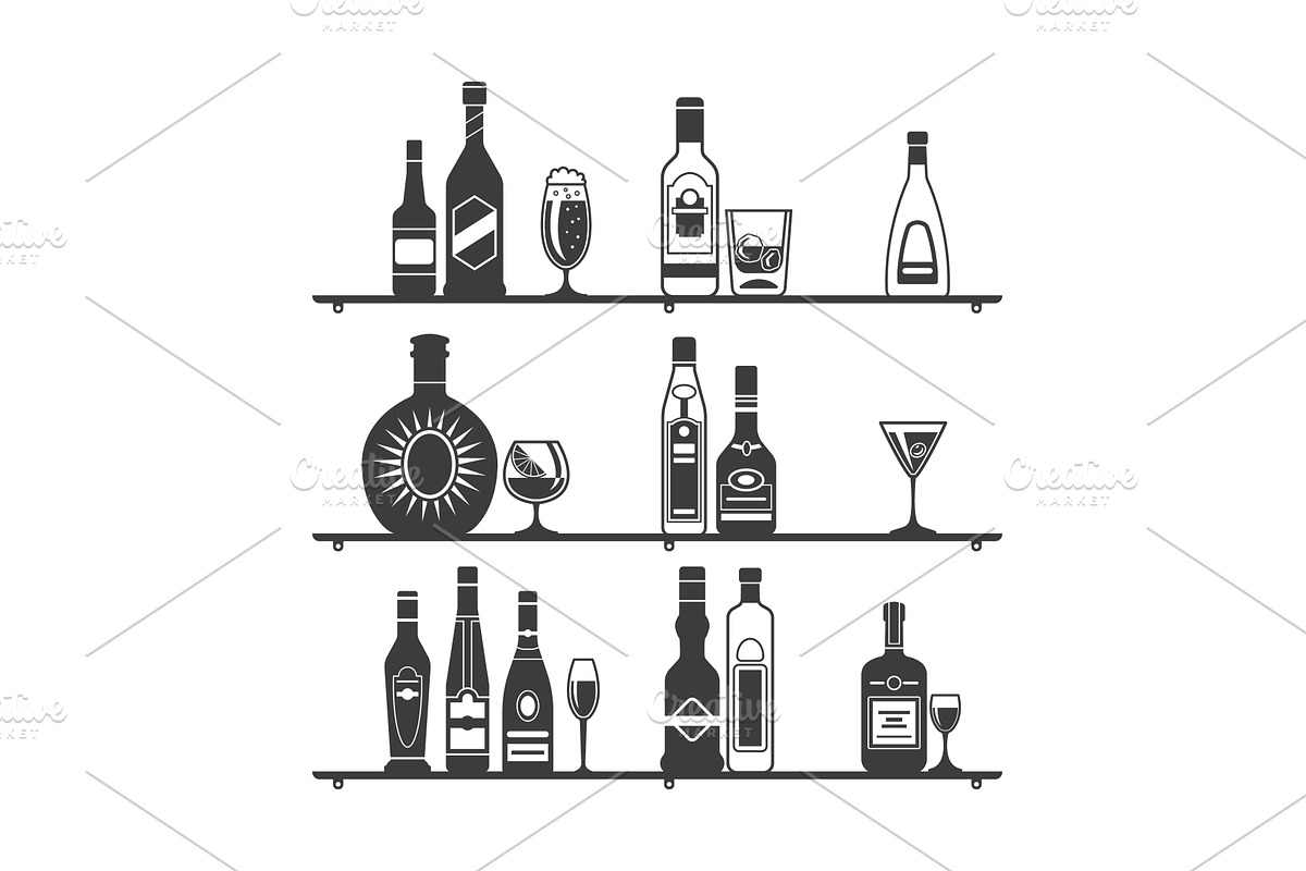 Bottles on shelves. alcoholic drinks, a Food Illustration by Onyx