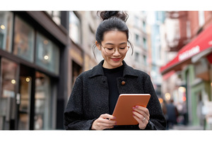 Asian woman using a tablet while, a Person Photo by Sergey Kotenev