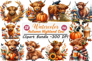 Watercolor Autumn Highland Cow PNG, an Illustration by DreamCafeArt