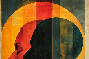 A stylized silhouette of a male and female face, intertwining sh, a Decorative Illustration by ImageMir