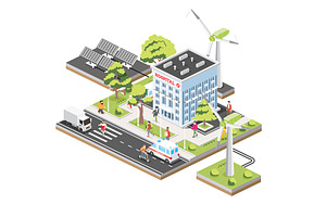 Isometric city scene with a hospital, an Illustration by Booblgum