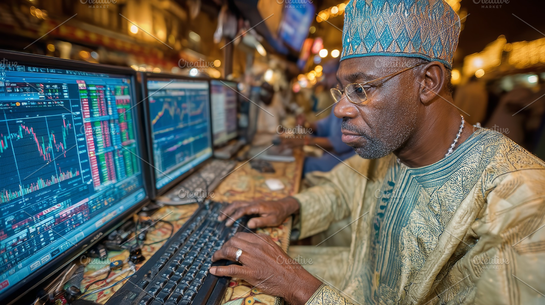 Nigerian trader analyzing stock market data on multiple computer screens in a b, a Photo by AS photostudio