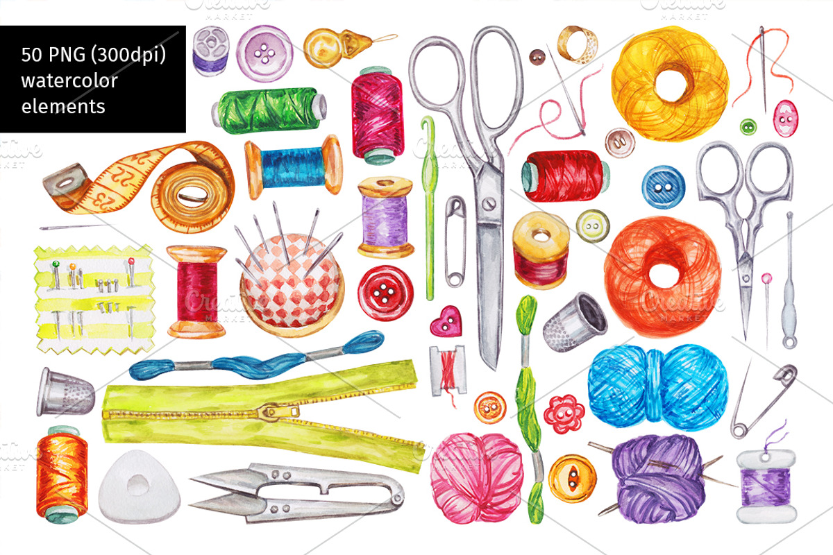 Watercolor sewing acsessories, an Illustration by Lina's store (Photo 2 of 4)