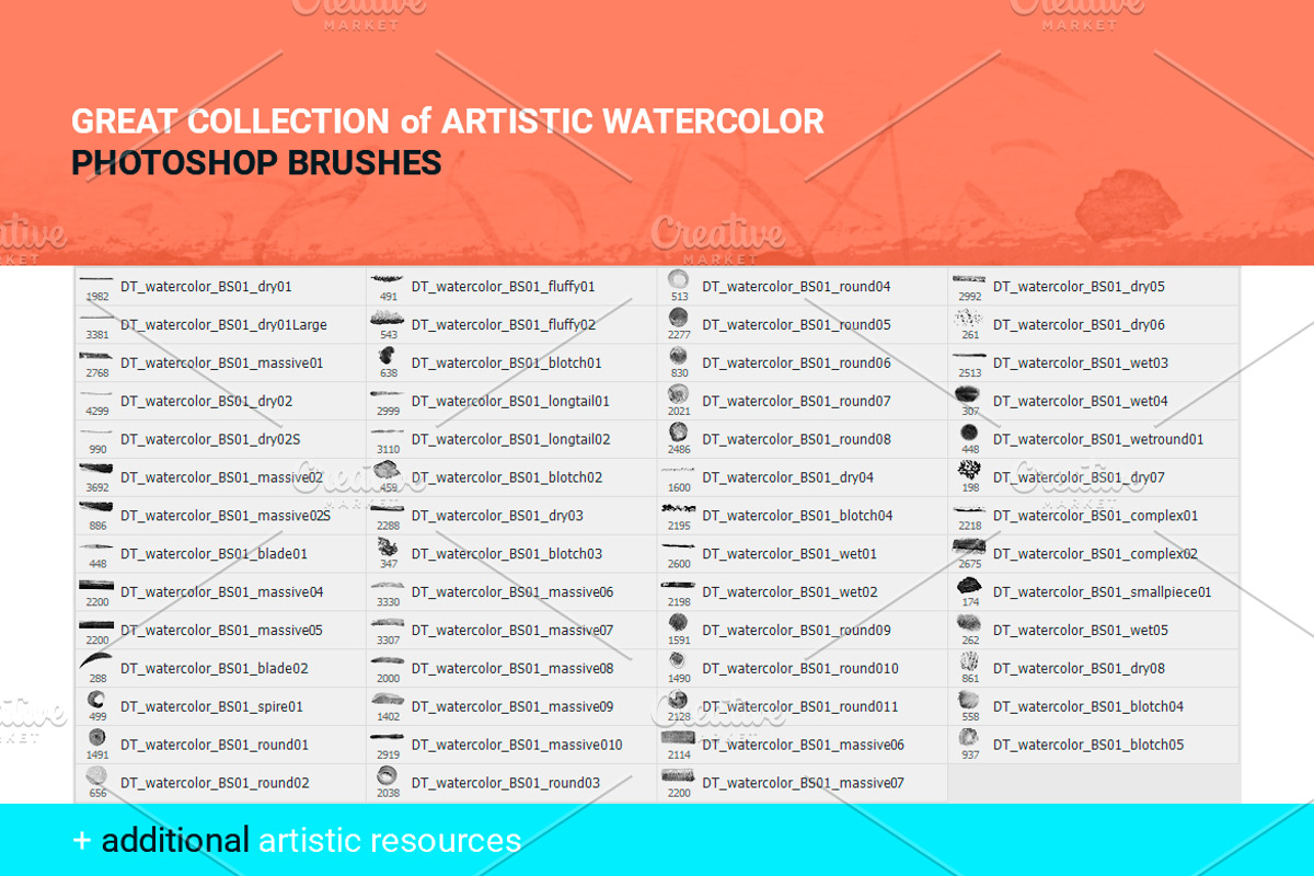 Watercolor art brushes for Photoshop, a Brush Add-On by Digithings (Photo 2 of 8)