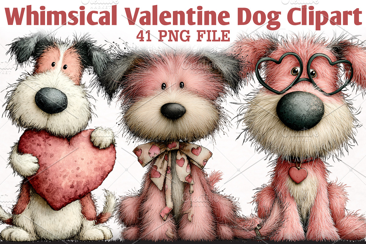Whimsical Valentine Dog Clipart Set, an Animal Illustration by RobertsArt (Photo 1 of 6)