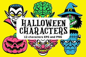 12 Vector Retro Halloween Faces, a Decorative Illustration by Andres M Rodriguez