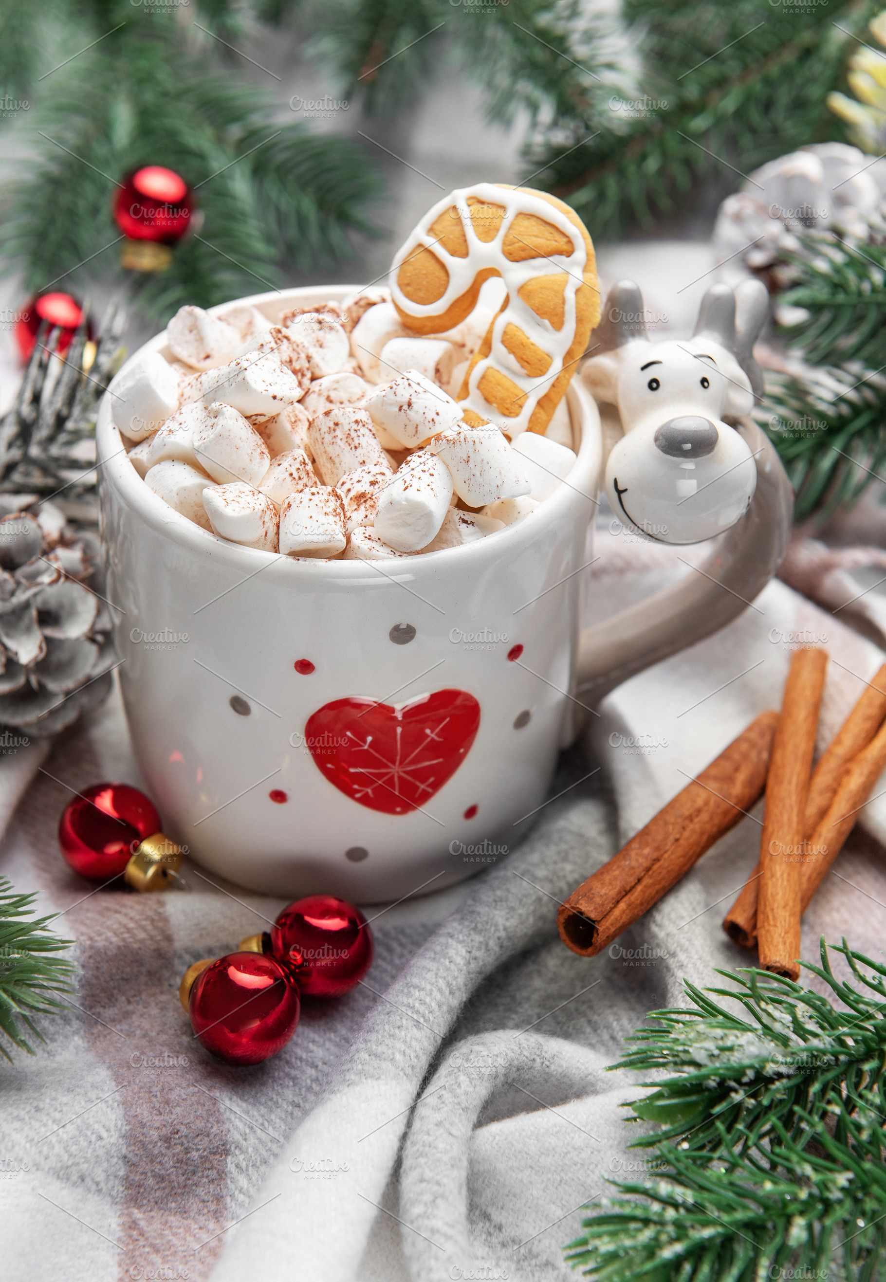 Reindeer mug with hot chocolate and gingerbread cookie, a Holiday Photo by Olena Rudo