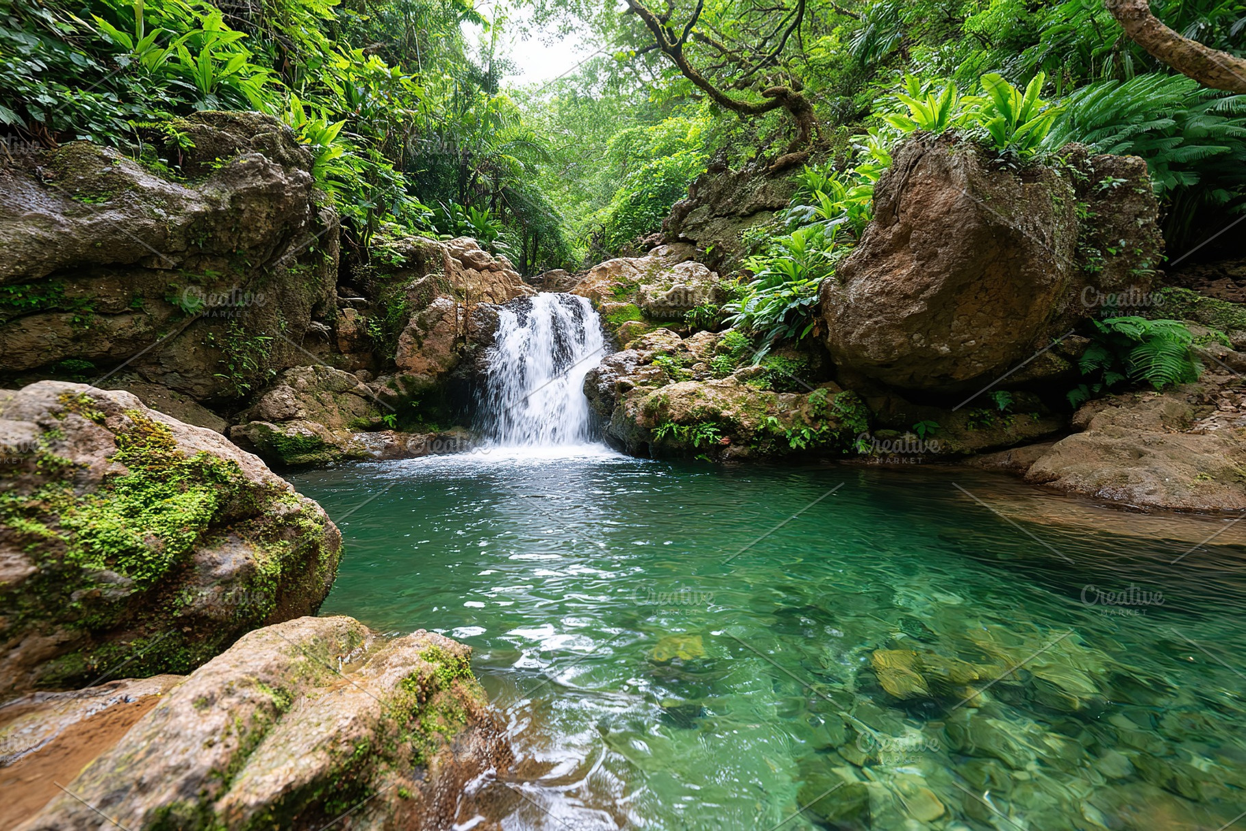 Beautiful waterfall cascades into a serene pool surrounded by lush greenery in, a Photo by AlyaAnd