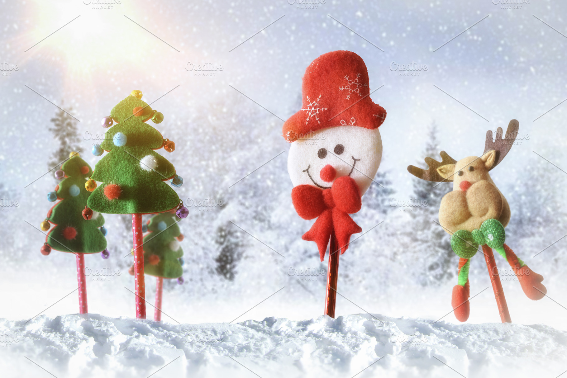Children's background with snowman, reindeer and pines on snowy, a Holiday Photo by Davizro's Market
