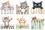 Watercolor Funny Cats on Fence PNG, an Illustration by Watercolor design (Thumbnail 3 of 12)