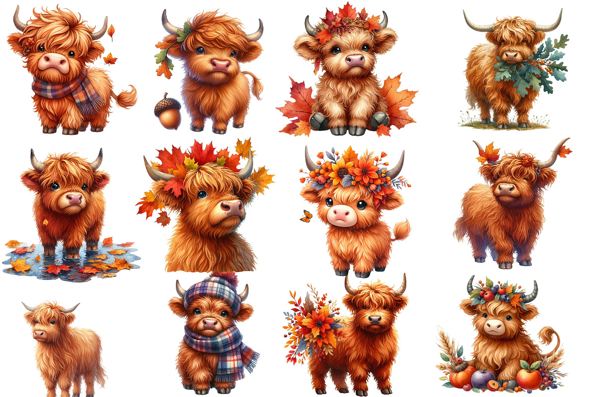 Watercolor Autumn Haighland Cow, a Seasonal Illustration by Designworld (Photo 4 of 6)