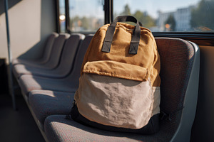 A stylish brown and beige backpack rests on a bus seat, capturing a moment of u, a Business Photo by ImageMir