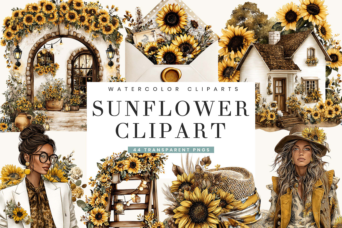 Watercolor Sunflower Clipart Bundle, a Person Illustration by BusyDaydesign (Photo 1 of 9)