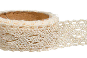 Close-up of beige knitted ribbon with lace pattern rolled into a, a Beauty & Fashion Photo by ndanko