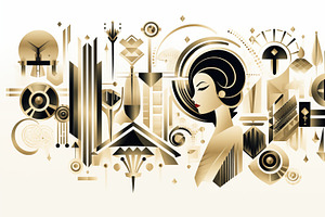 A Stylized Art Deco Illustration Featuring A Woman's Profile Surrounded By Geom