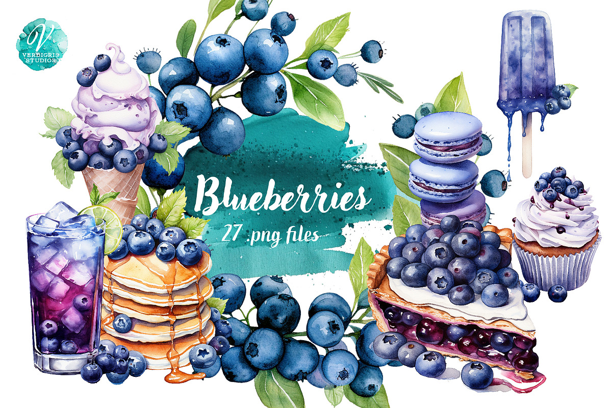 Watercolor Blueberries Clipart, a Food Illustration by Verdigris Studios (Photo 1 of 3)