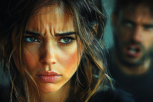 Portrait of a distressed woman facing emotional conflict at home, an Illustration by AS photostudio