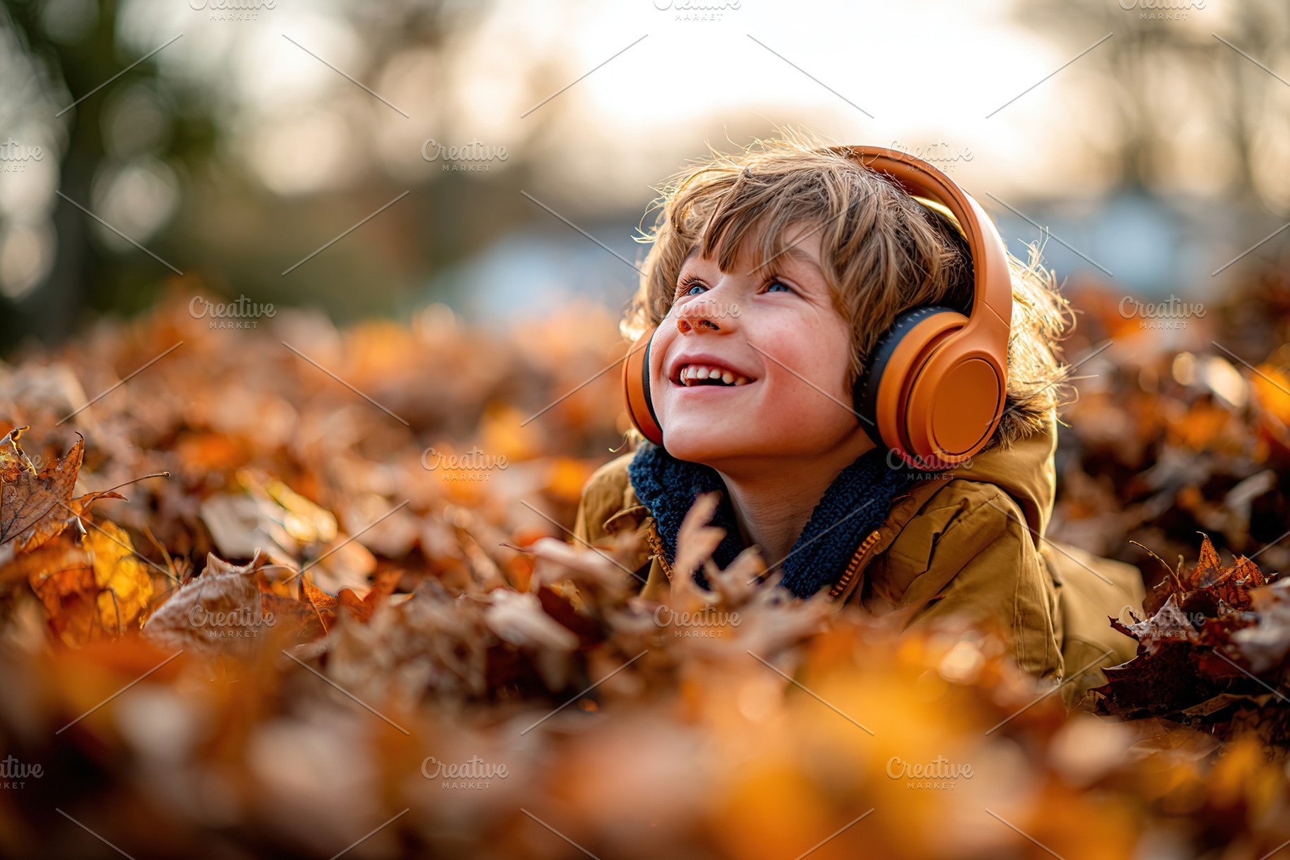 Happy child enjoying autumn leaves while wearing headphones and smiling in the, a Photo by AlyaAnd