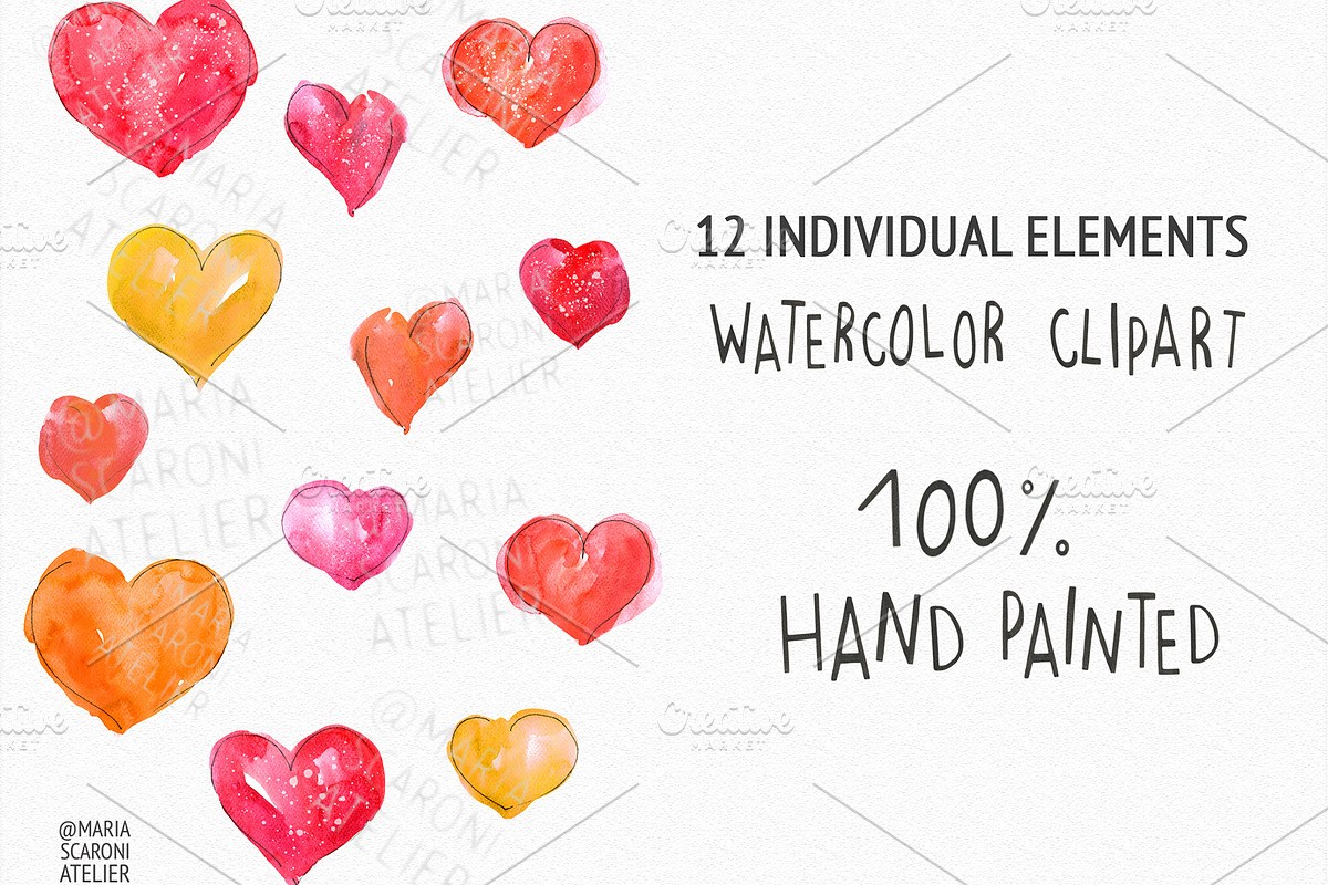 Watercolor Hearts Clipart, an Illustration by MariaScaroniAtelier (Photo 2 of 4)