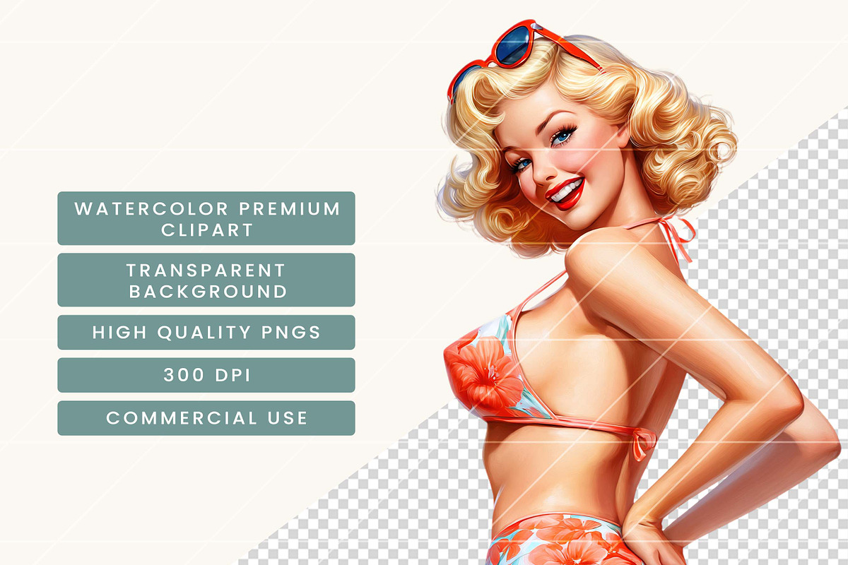 Retro Summer girl Clipart Bundle, a Person Illustration by BusyDaydesign (Photo 7 of 9)