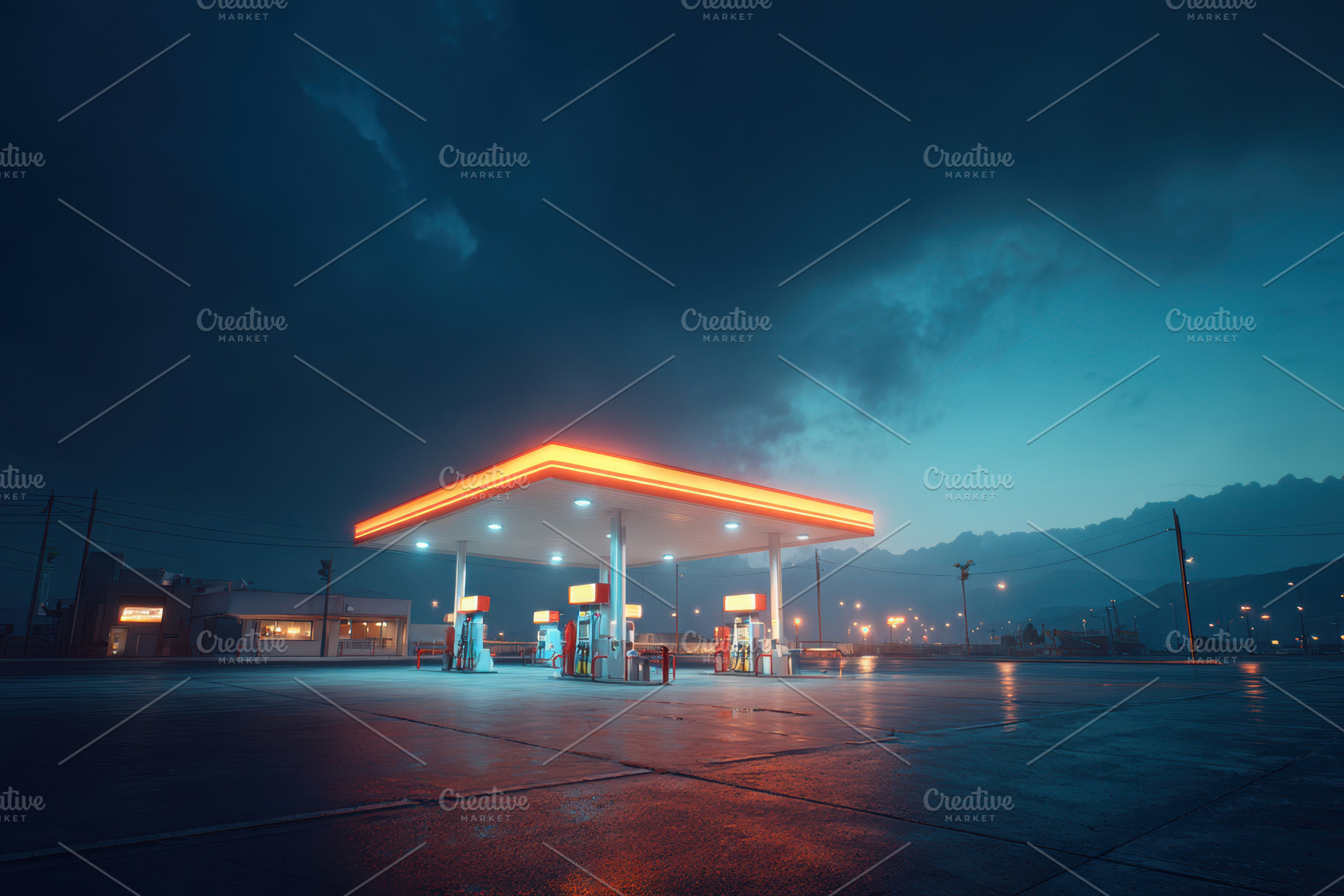 Illuminated gas station at night with moody atmosphere, an Industrial Photo by AlyaAnd