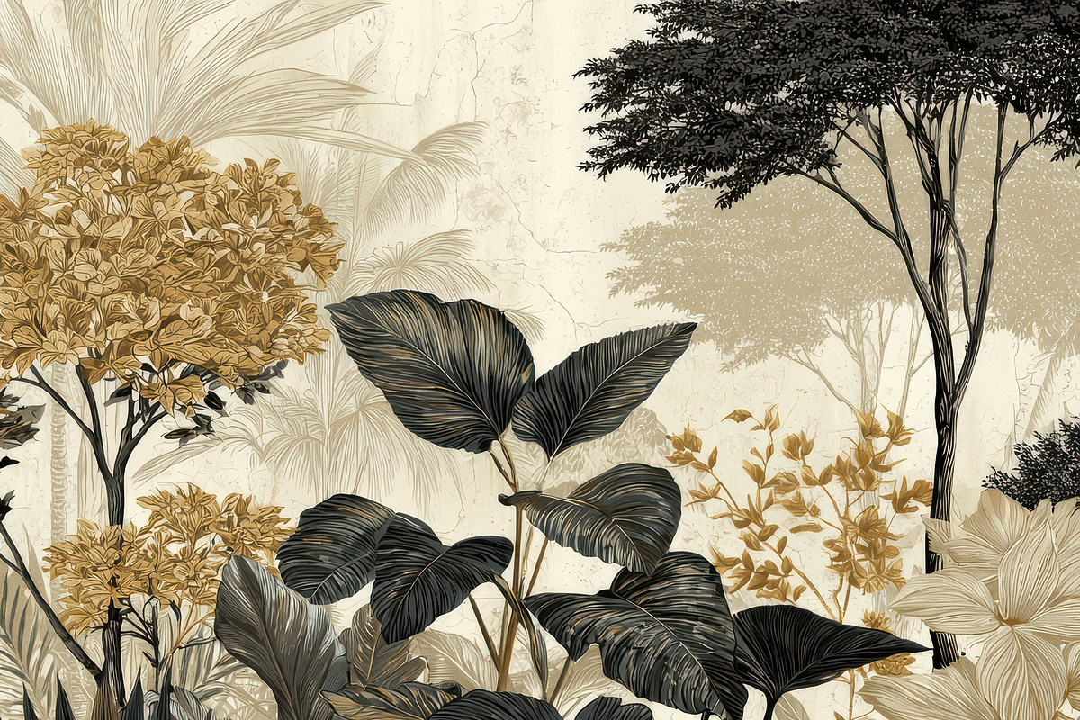 Gold and Charcoal Tropical Wallpaper, a Decorative Illustration by Virgo Studio