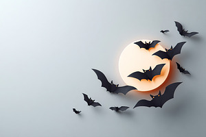 Bats flying in front of a large glowing moon during a spooky nighttime atmosphe, a Holiday Photo by AlyaAnd