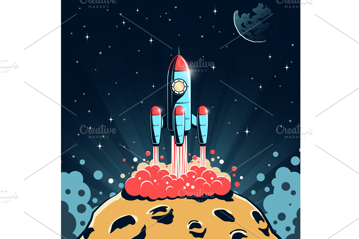 Rocket launches from asteroid with, an Object Illustration by Agor2012 shop