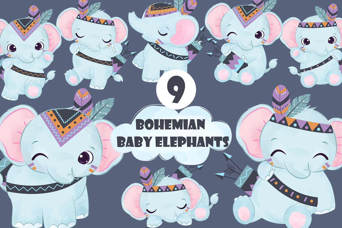 Bohemian Baby Elephants Clipart Set, an Animal Illustration by DrawStudio1988 (Photo 1 of 3)