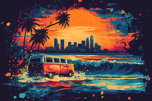 Volkswagen Bus Ocean Drive Sunset Ci, a Photo by Pixeness Studio