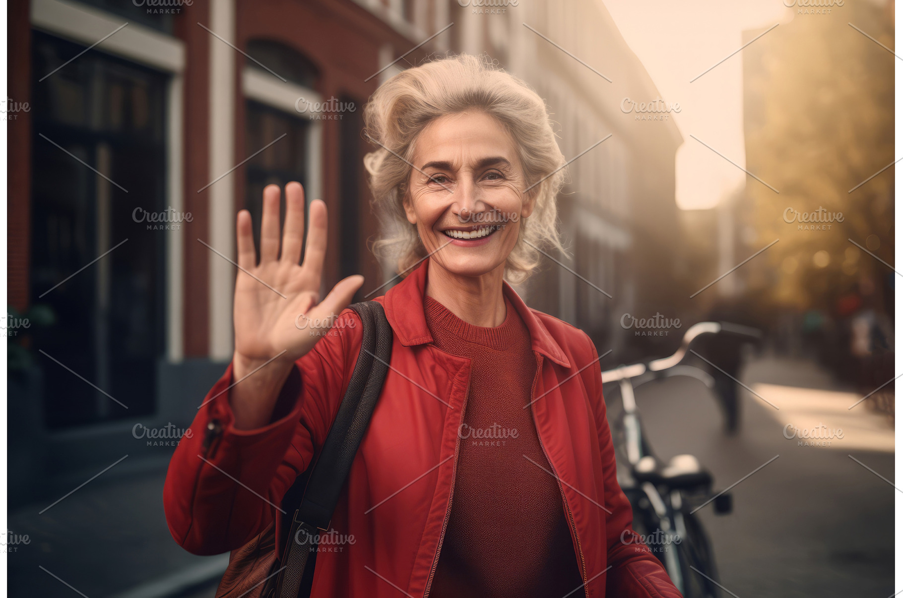 Smiling aged woman in red jacket, a Person Photo by Ylivdesign