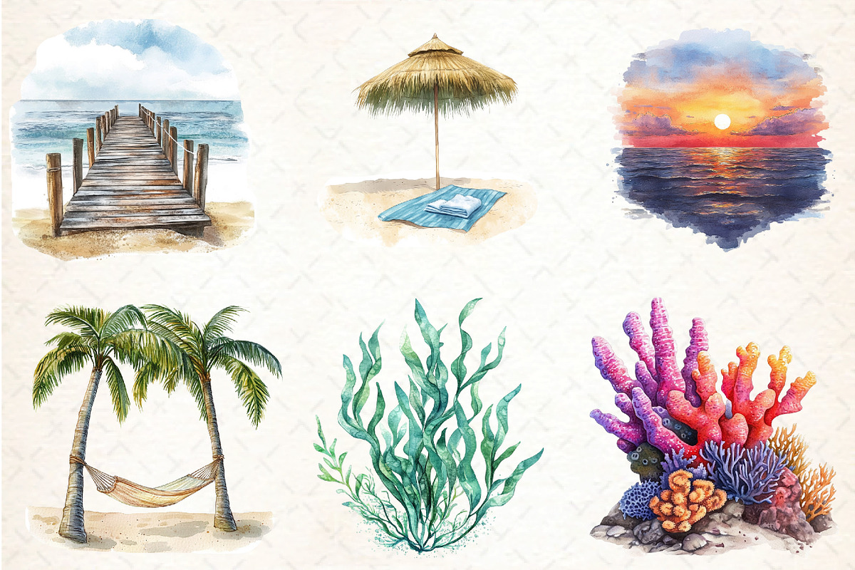 Watercolor Beach Nature Clipart, an Illustration by DreamCafeArt (Photo 2 of 3)