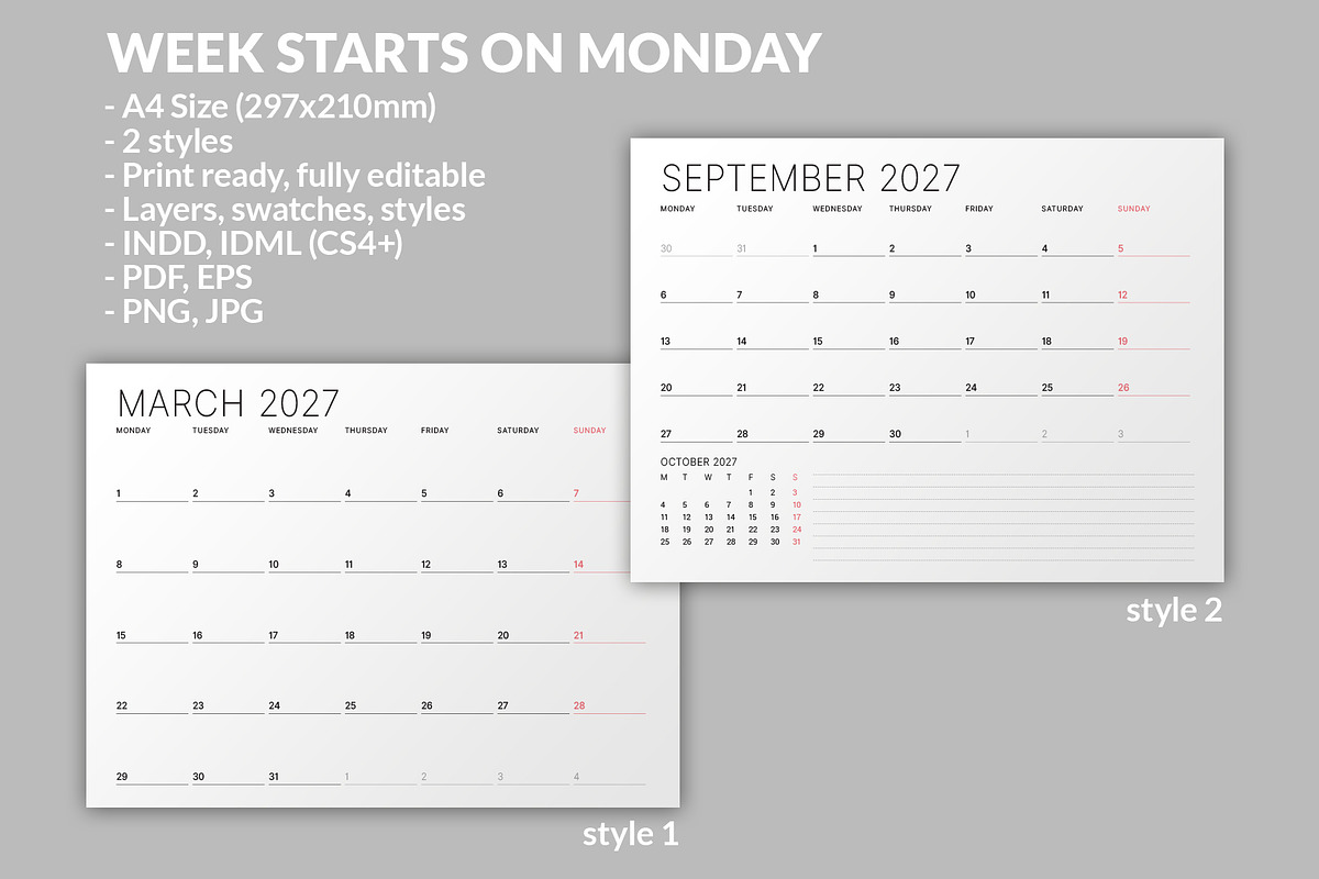 Minimalist Calendar 2027 (MP048-27M), a Stationery Template by mikhailmorosin (Photo 2 of 6)