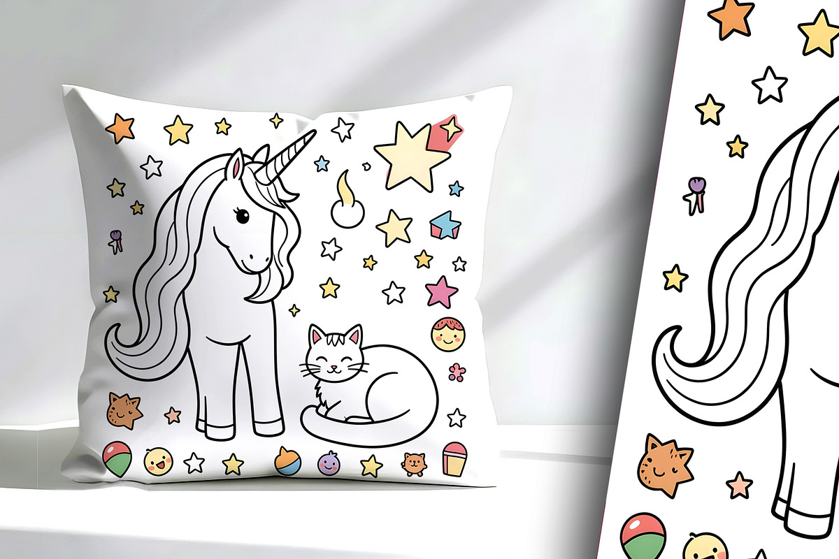 Cute Unicorn and Cat Coloring Page, an Animal Illustration by Sharon Schwalbe (Photo 3 of 5)
