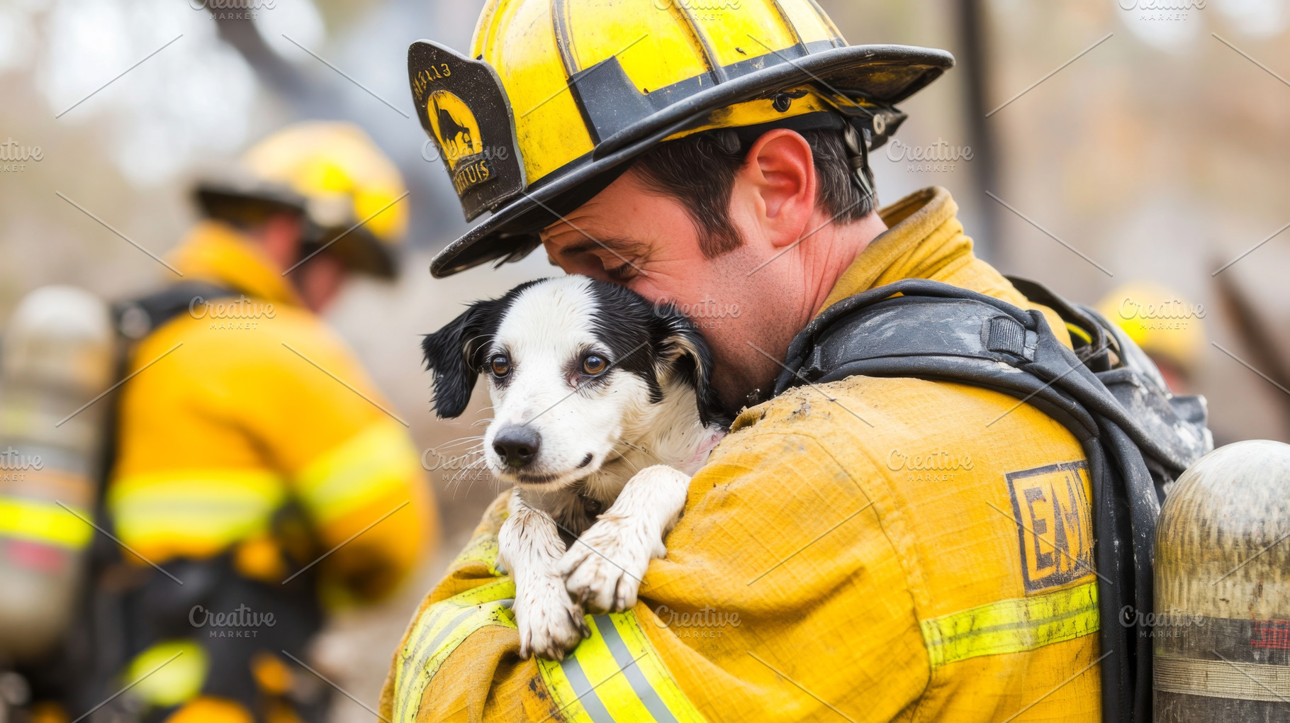 Firefighter holds rescued dog amidst rubble, showcasing rescue e, a Photo by Dvoevnore photos