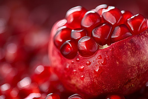 Close-up of a fresh, cut pomegranate revealing juicy seeds again, a Food & Drink Photo by ImageMir